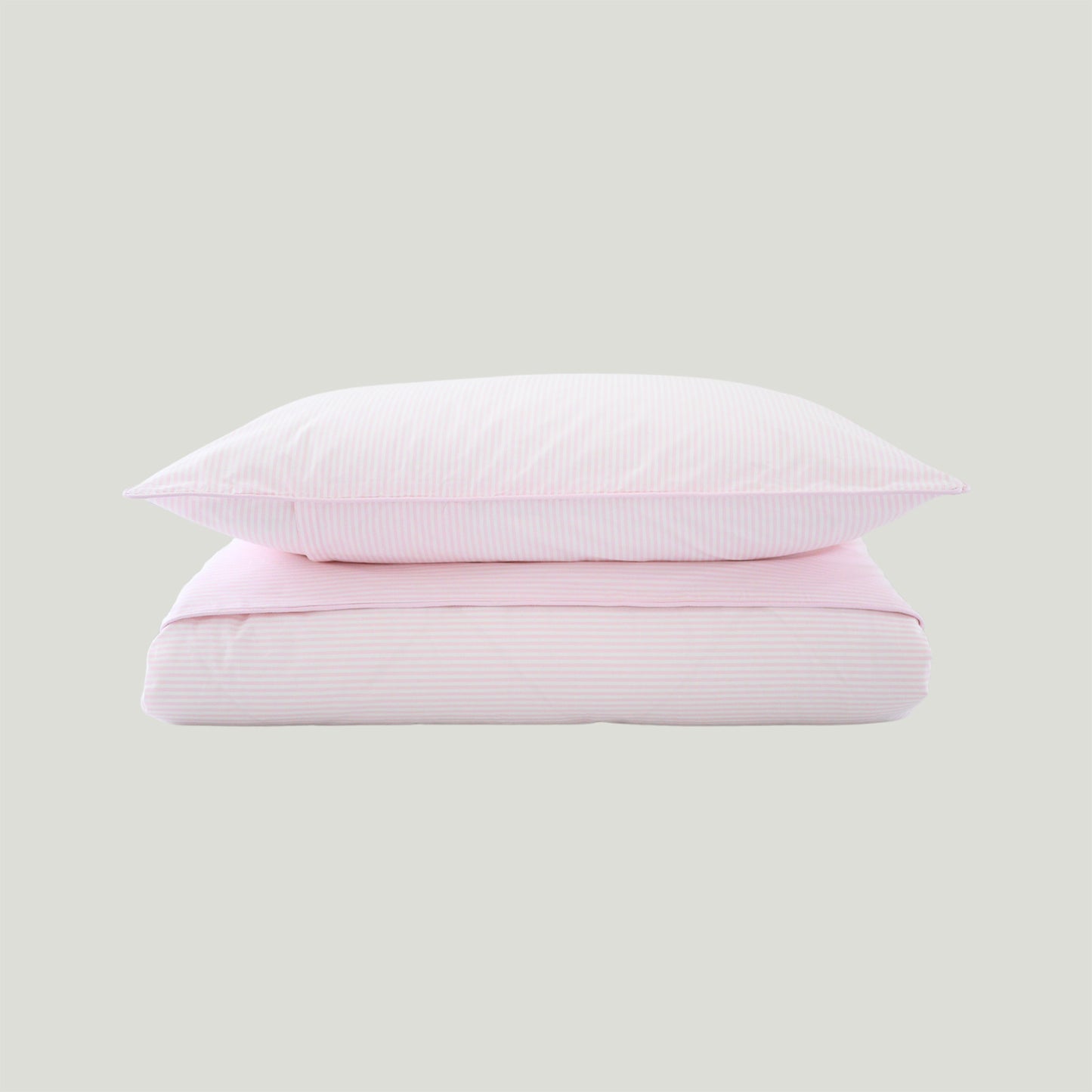 pastel pink and white strip duvet cover with piped border