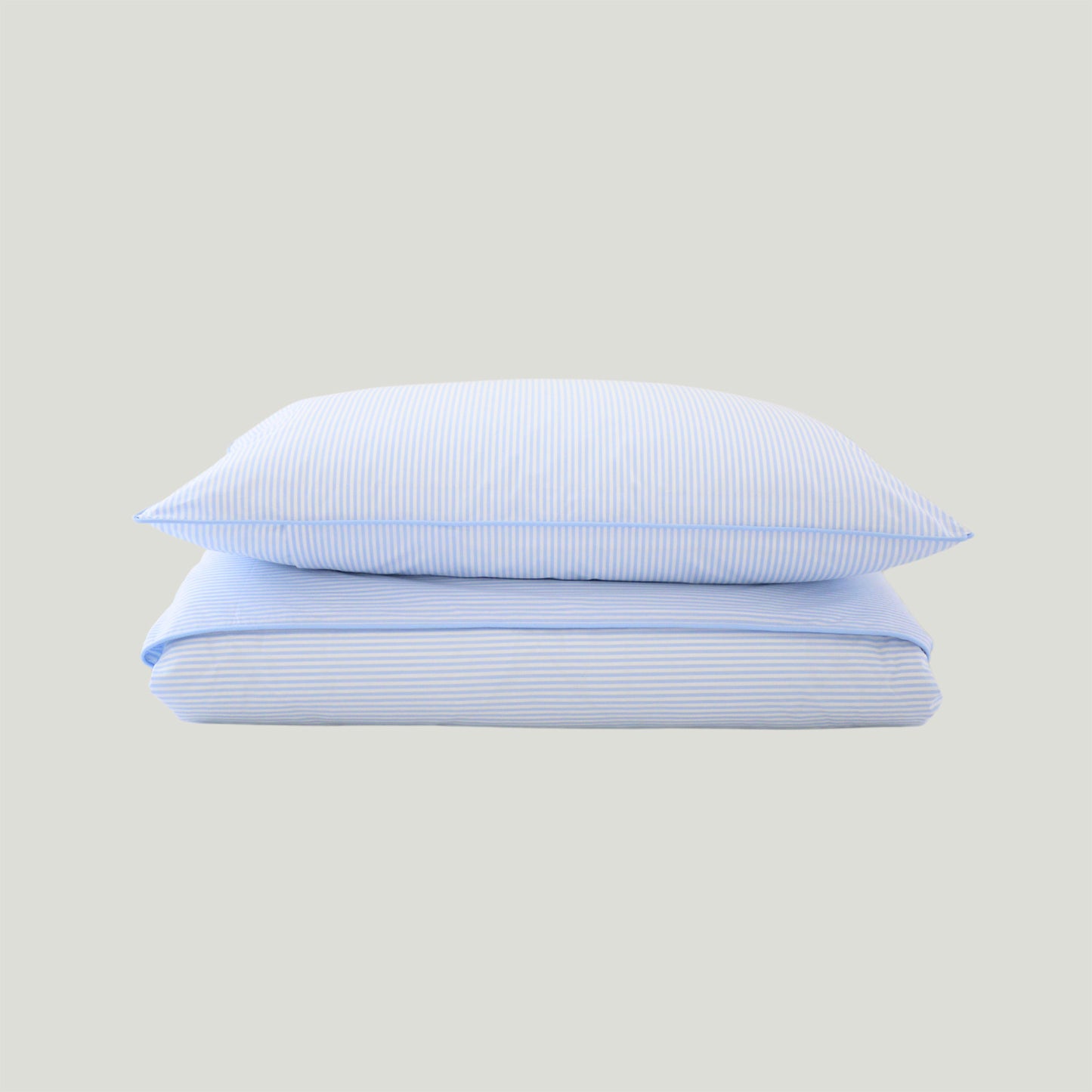 blue and white stripe duvet set with blue corded piping