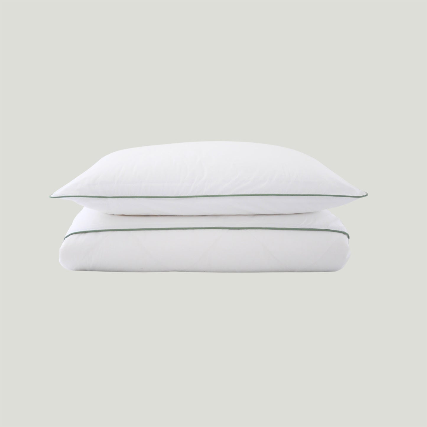 White set with sage piped order bedding