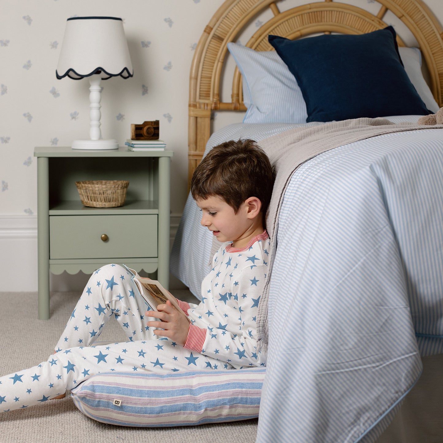 soft and stylish boys blue and white stripe bedding