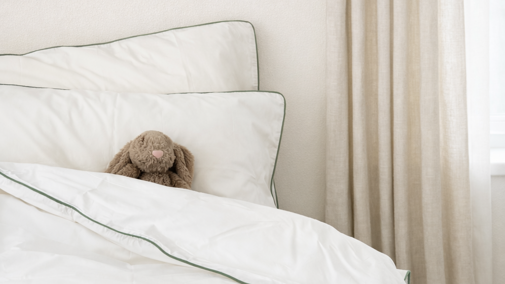 Child’s bed styled in Bonne Soirée Aspen bedding set in a calm, softly lit bedroom