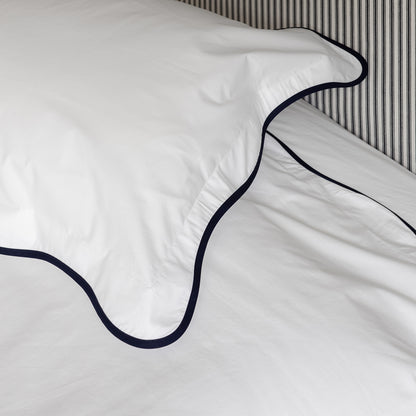 close up of navy wave border bed linen set